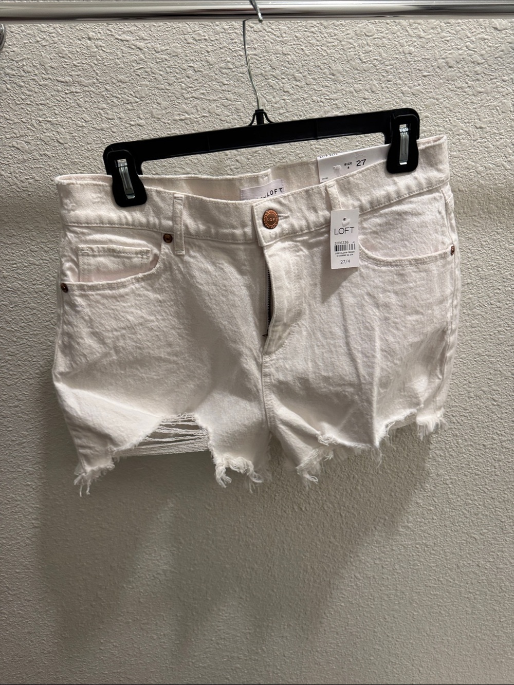 LOFT White Distressed Raw-Hem Denim Mid Rise Shorts